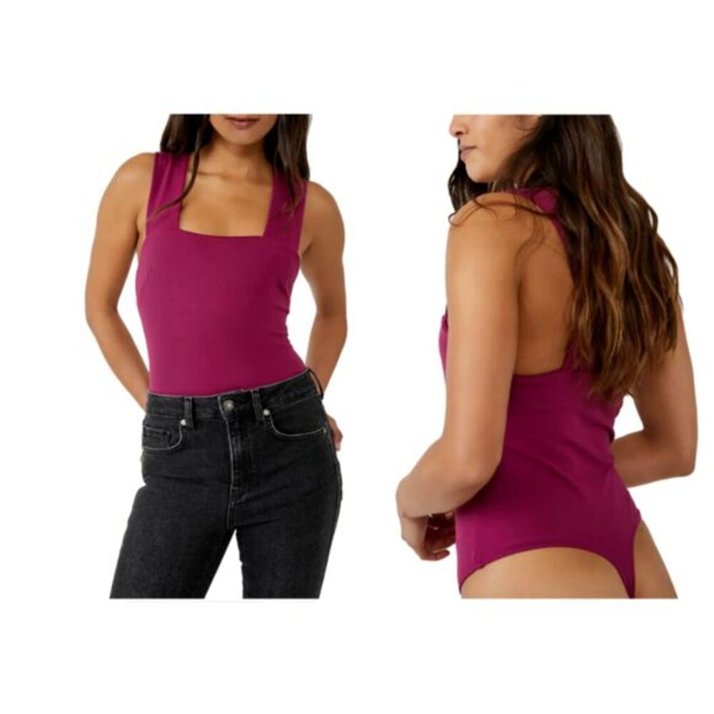 Free People Intimately Raspberry Square Neck She's So Sleek Square Neck Bodysuit